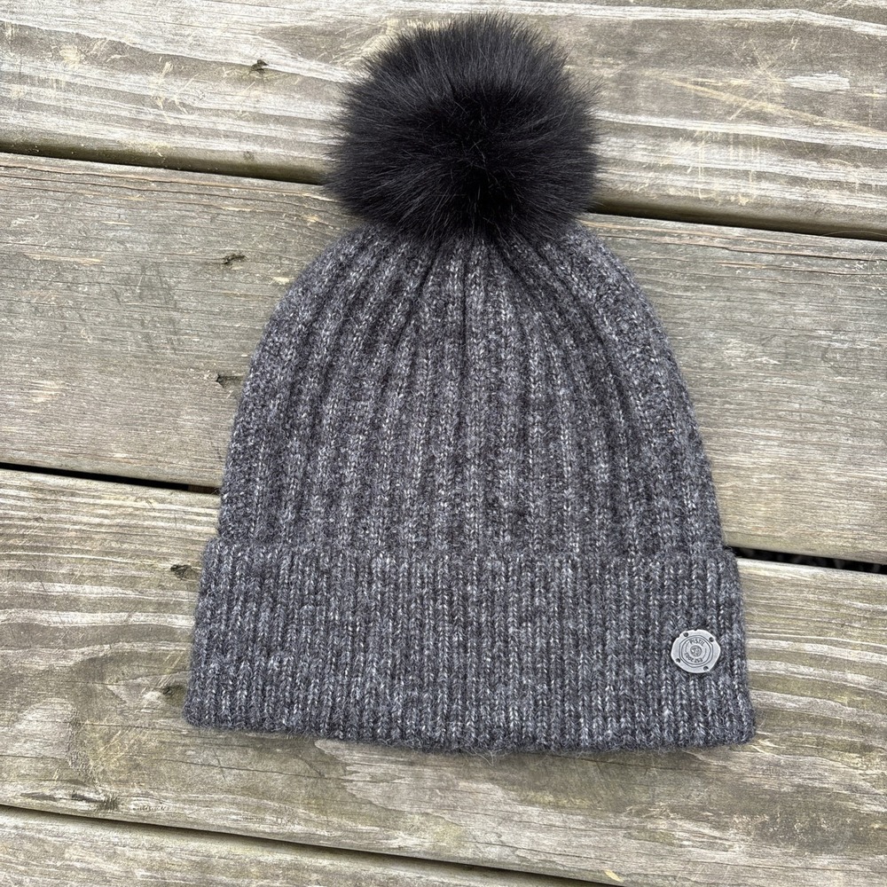 Pistil Women's grey Ribbed Knit Beanie with Black Faux Fur Pom Pom - OS